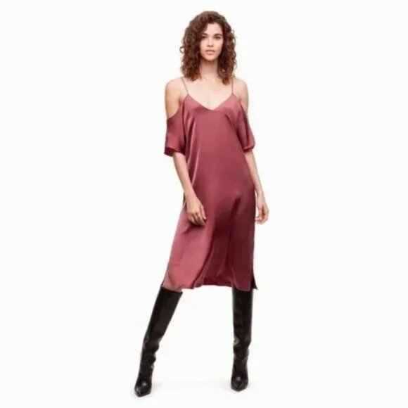 Aritzia Wilfred Henrietta Satin Cold Shoulder Slip Dress Black Size Small - Picture 2 of 7